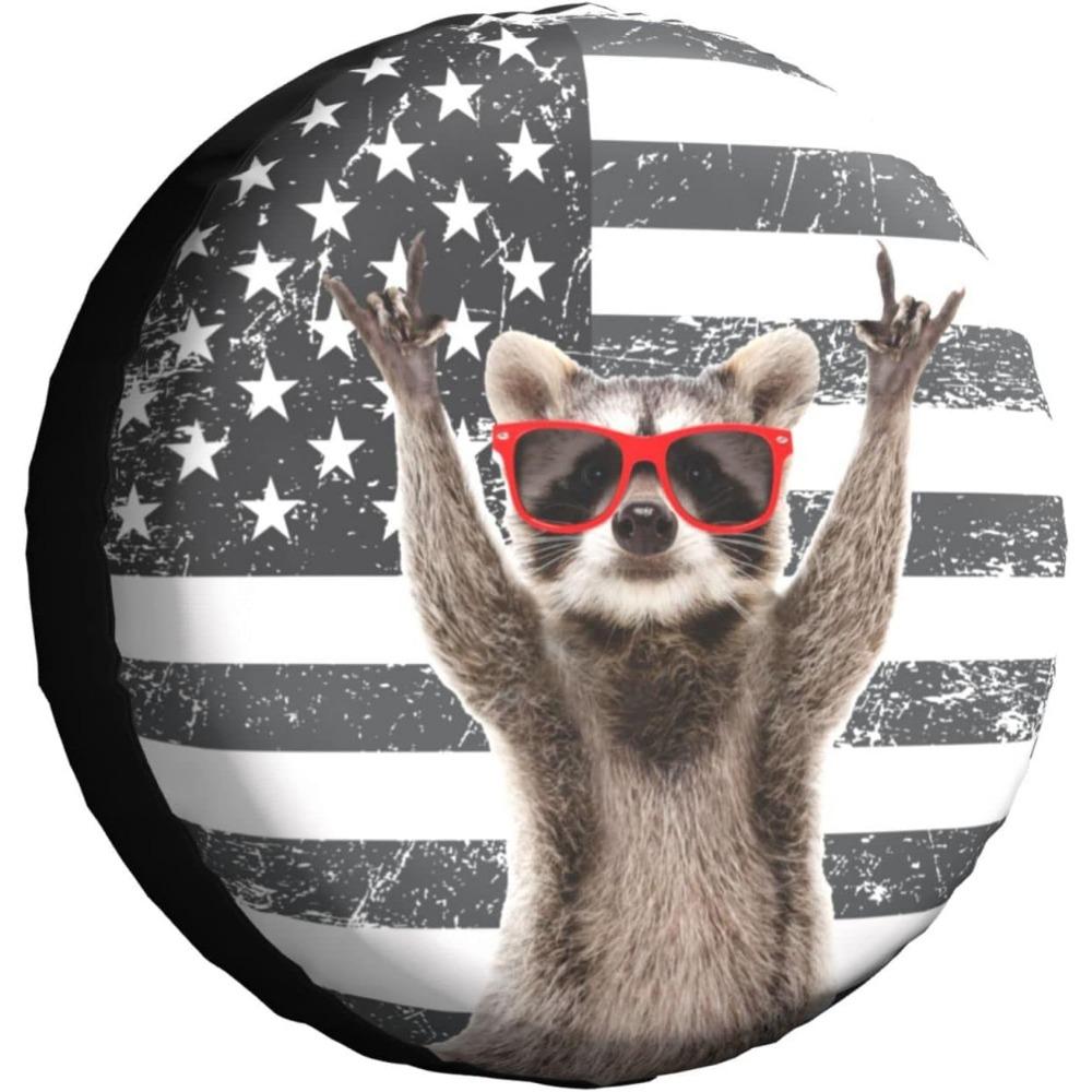 Fun Raccoon Spare Tire Cover, Black And White American Flag Pattern, 15-Inch Wheel Hub Protector, Suitable For Trucks, SUVs, Tra