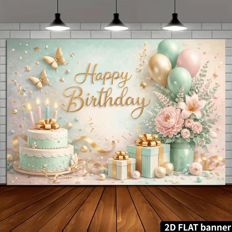 2D FLAT Mint Green Gold Happy Birthday Background Cloth for Party