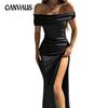 Летнее женское платье, глянцевое эластичное платье, однотонное платье с одним вырезом, сексуальное длинное платье с разрезом, платье
