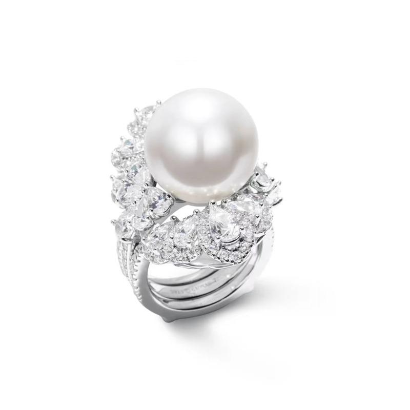 BELLA BOX Luxury Retro Court Style Artificial Fritillaria Full Drill Pearl Ring Suitable For Women's Daily Party Fashion Jewelry