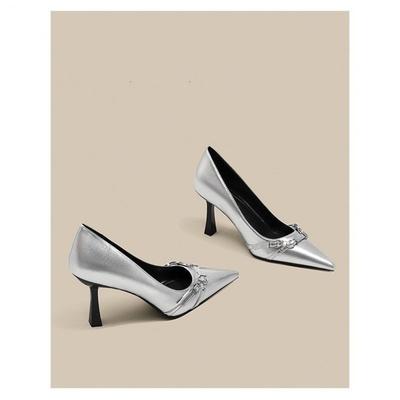 Серебряные туфли на высоком каблуке в стиле светской львицы, женские, новинка 2024 года, французские, чистое желание, темперамент, заостренные туфли с юбкой