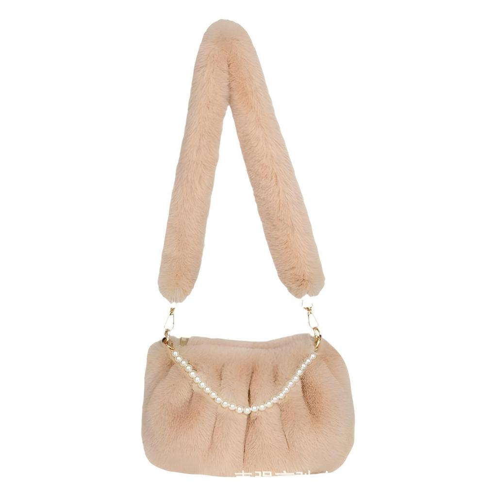 Женская 2024 новая мятая маленькая квадратная сумка через плечо мягкая плюшевая меховая женская элегантная сумка с жемчужной цепочкой подмышкой