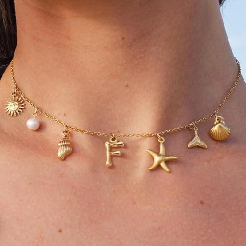 Charm Gold Color A-Z Pendant Alphabet Choker Necklace Women Shell Conch Starfish Initial Letter Necklaces Boho Beach Jewelry