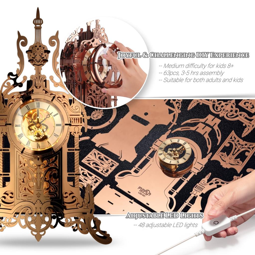 FUNPOLA 3D Puzzle Acrylic 3D Puzzle LED Metal Puzzle Clock Tower Building Model Clock Table Clock Handmade for Kids and Adults Home Decoration with