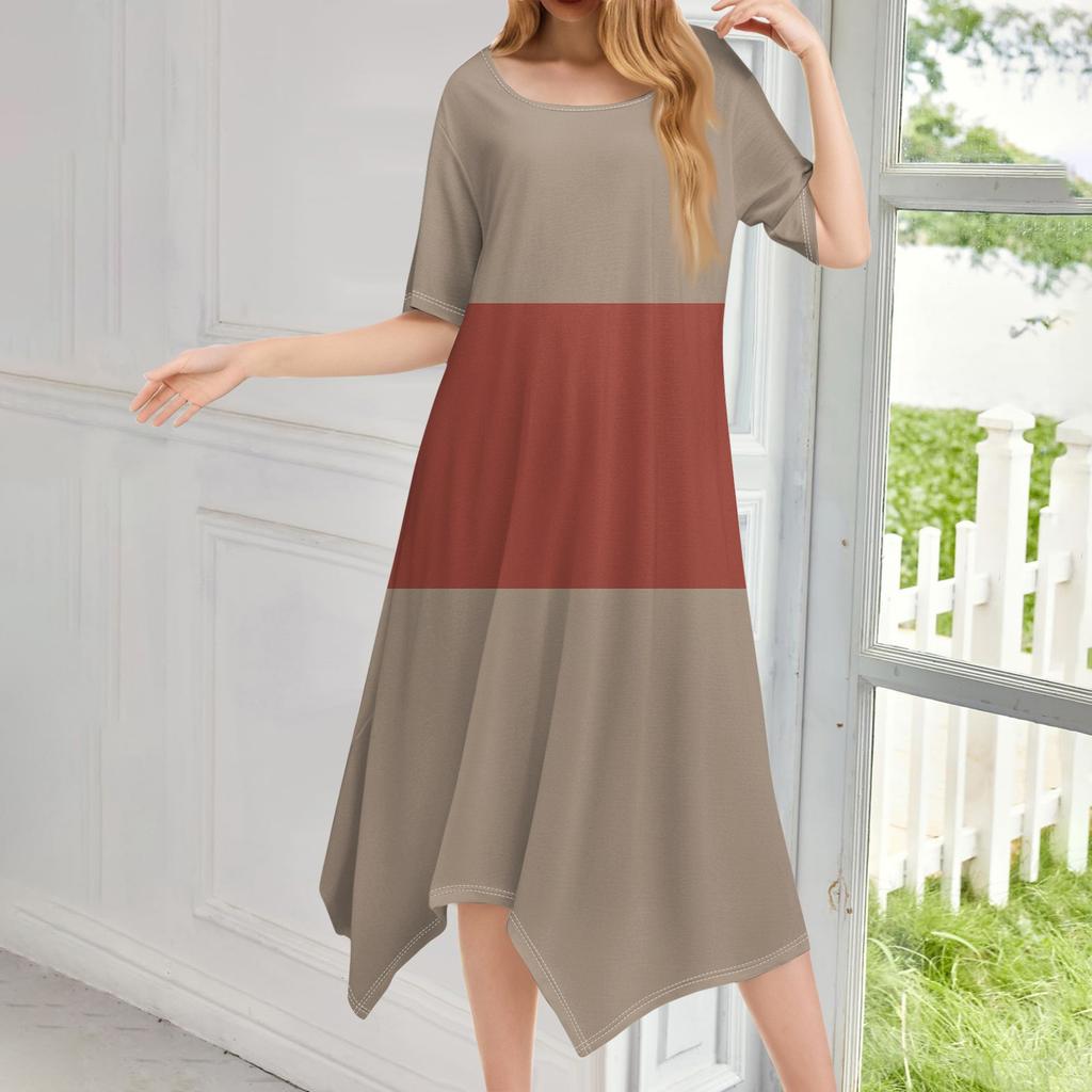 Женское повседневное модное платье миди с круглым вырезом и коротким рукавом с принтом и неровным подолом