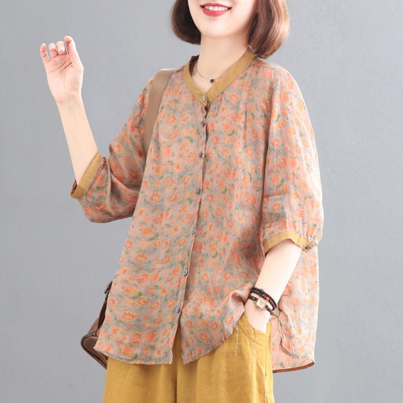 Тонкий печатный литературный ретро-модный модный летний костюм из двух частей Ramie для женщин