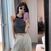 Black Striped Knitted Camisole Tank Top Women's Spring Summer Inner Wear Hot Girl Sexy Backless Outerwear Short Base Layer Top