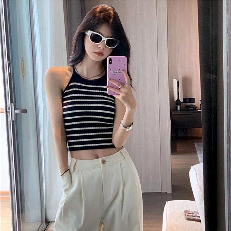 Black Striped Knitted Camisole Tank Top Women's Spring Summer Inner Wear Hot Girl Sexy Backless Outerwear Short Base Layer Top
