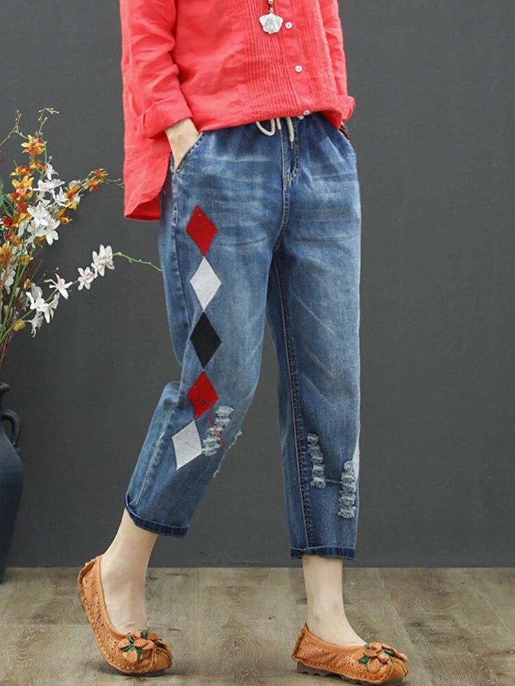 Ladies Embroidery Jeans Womens Fashion Vintage Ripped Denim Trousers Loose Holes Elastic Harem Pants