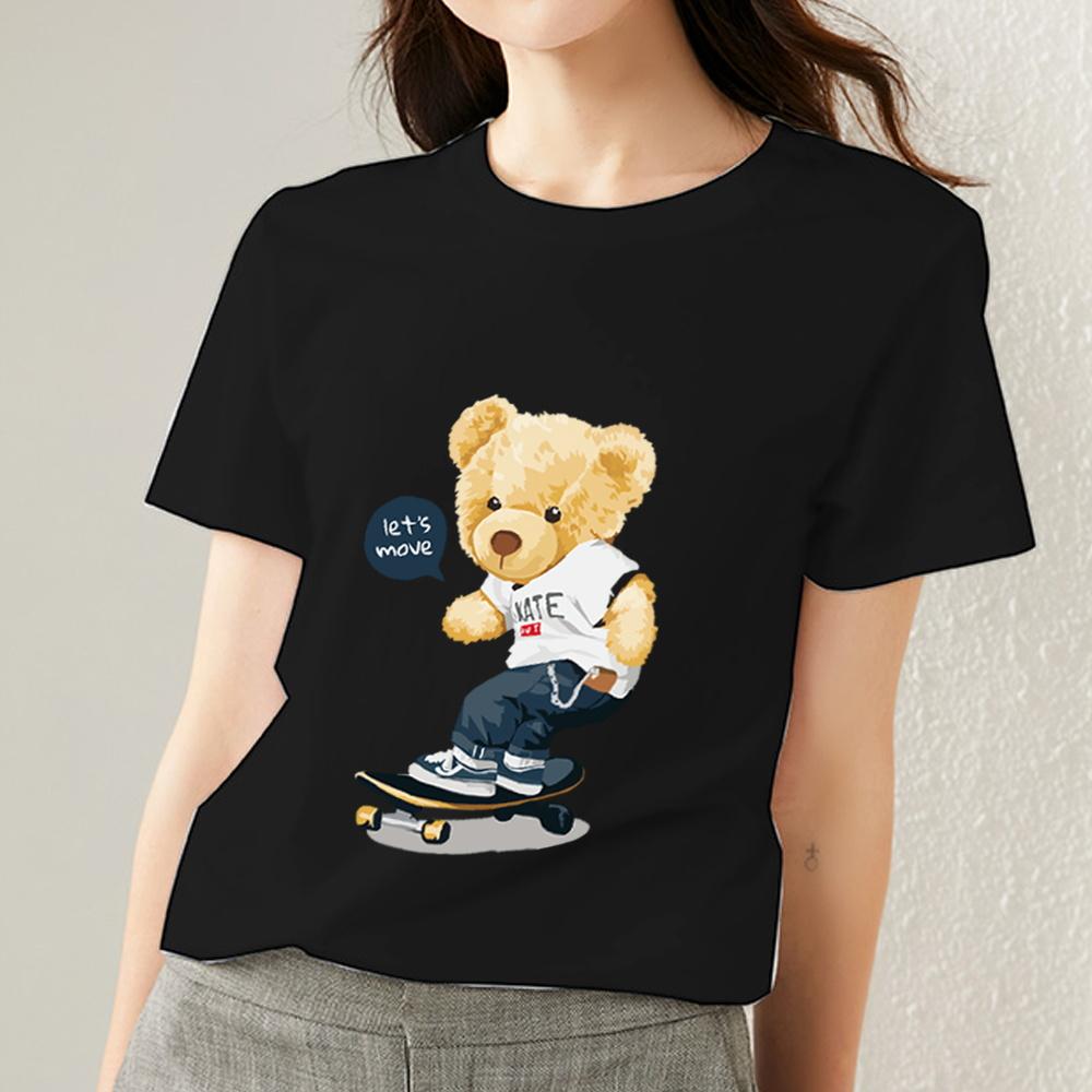 Летние женские футболки Kawaii с рисунком плюшевого мишки, женские топы, женские черные универсальные футболки с круглым вырезом и короткими рукавами, одежда