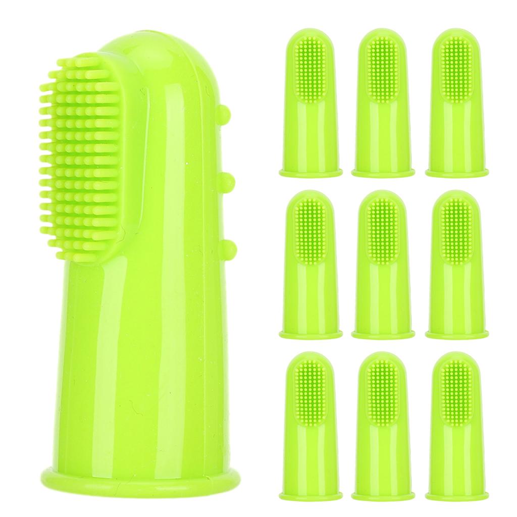 10PCS Silicone Soft Pet Finger Toothbrush Green Teeth Cleaning Tool for Cats DogsGreen