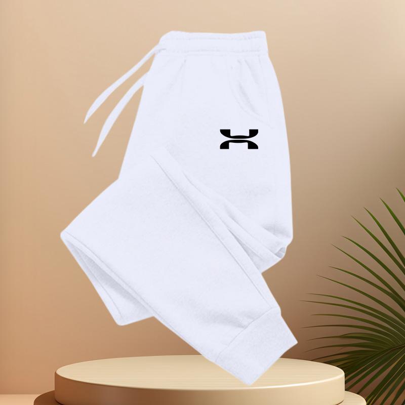 Curved-mark Men Sweatpants Front Blank Leg Icon Print, Bold Symmetric Half-moon Letter Art Joggers for Cool Urban Casual Scenarios