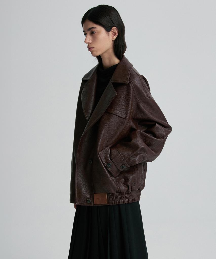 RE RHEE Oversized Leather Bomber Jacket Burgundy