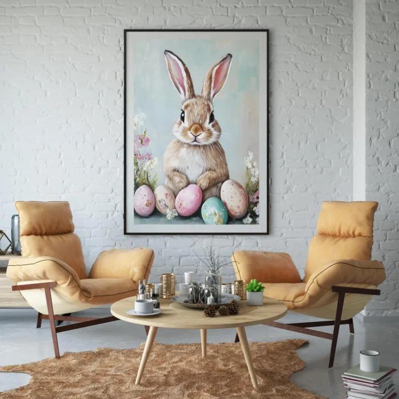 Easter Bunny Prints Wall Art, Retro Spring Rabbit Decor, Holiday Illustration, Easter Nursery Print, Whimsical Bunny Artwork