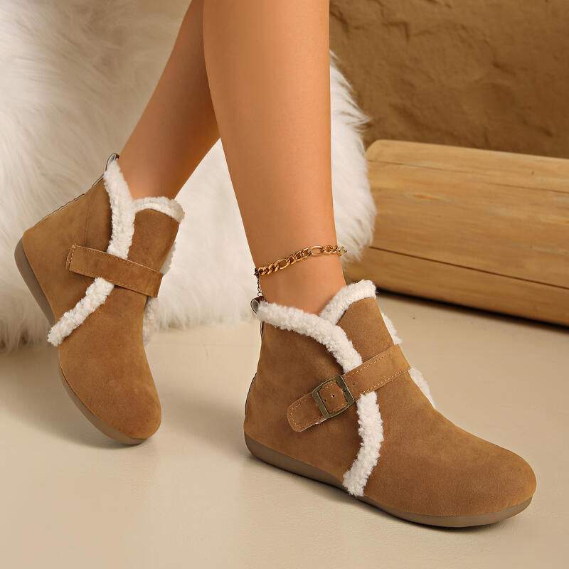 Warm Short Plush Suede Snow Boots Women 2025 Winter Metal Buckle Fluffy Fur Ankle Boots Furry Flat Heel Casual Shoes Plus Size