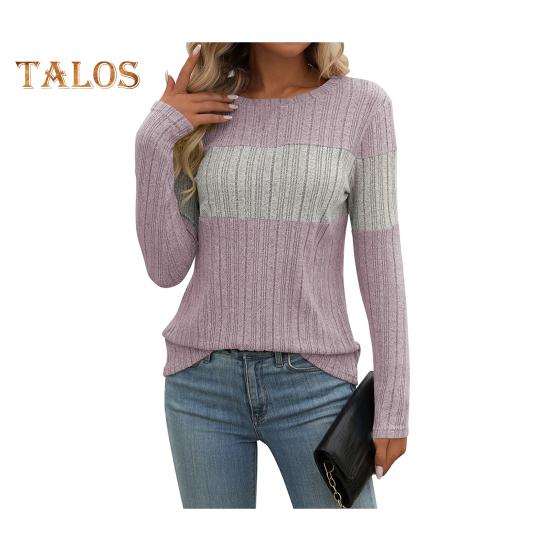 Женские топы с круглым вырезом и длинным рукавом, цветные ребристые трикотажные топы свободного кроя, повседневные свитера, повседневная одежда