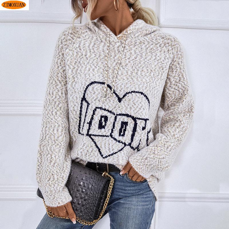 ZIMOXUAN Женский вязаный свитер с капюшоном и шнурком, вышивкой букв и длинными рукавами для повседневной носки