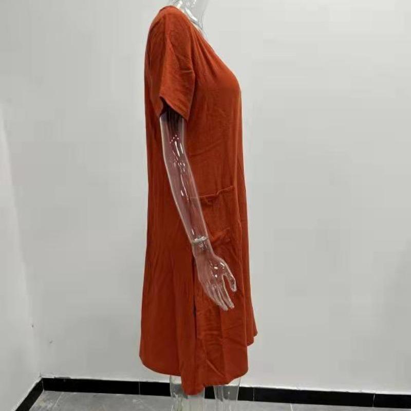 Summer Casual Women's High Waist Dress Short Sleeve Dresses for Female Solid Color Dress Round Necked Dress Loose Dress With Pocket Commuter Dresses