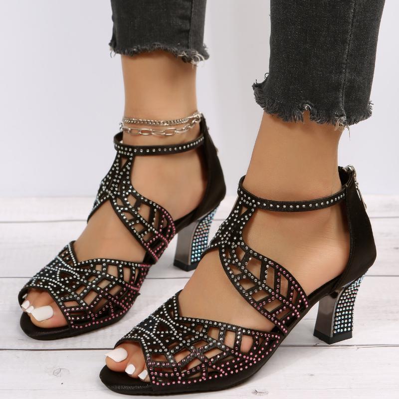 Женские сандалии на блочном каблуке со стразами, женские туфли на высоком каблуке на молнии, сексуальная женская обувь, высокое качество, сандалии женские лето 2025