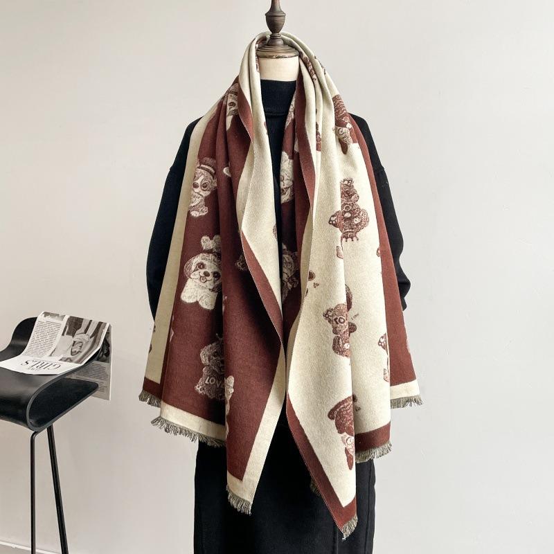 Cartoon Puppy Imitation Cashmere Scarf Women's Winter Warm Scarf Fashion with Sweet and Cute Double-sided Shawl