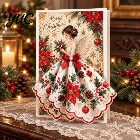 Decorative Seasonal Note Cards 3D Christmas Angel Greeting Card, Pop Up Holiday Card with Fabric Dress, Peace And Blessing Merry for Family