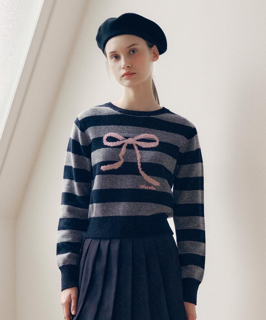 ROLAROLA Wool Blended Ribbon Stripe Knit Gy+Bk