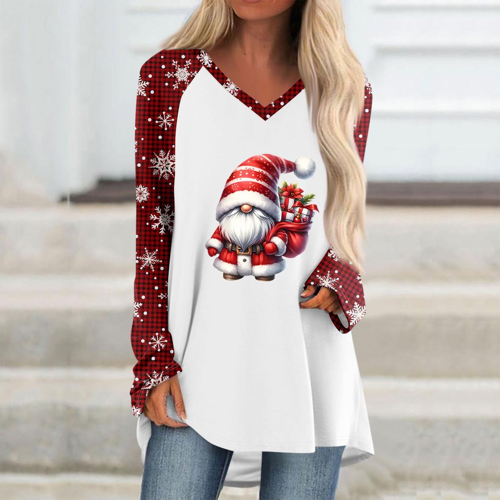 Женская и зимняя футболка с длинными рукавами и V-образным вырезом с рождественским принтом, повседневная длинная свободная футболка