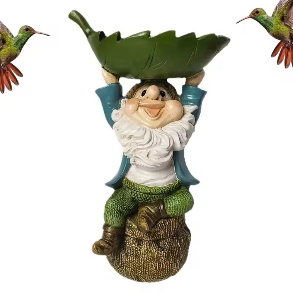 Resin Bird Feeder Holding Leaves Garden Gnome Statue Creative Dwarf Sculpture Patio
