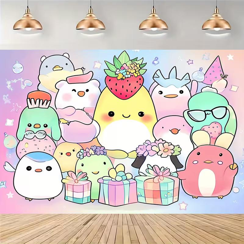 2D Kawaii Penguin & Friends Backdrop for Girls Birthday Celebration