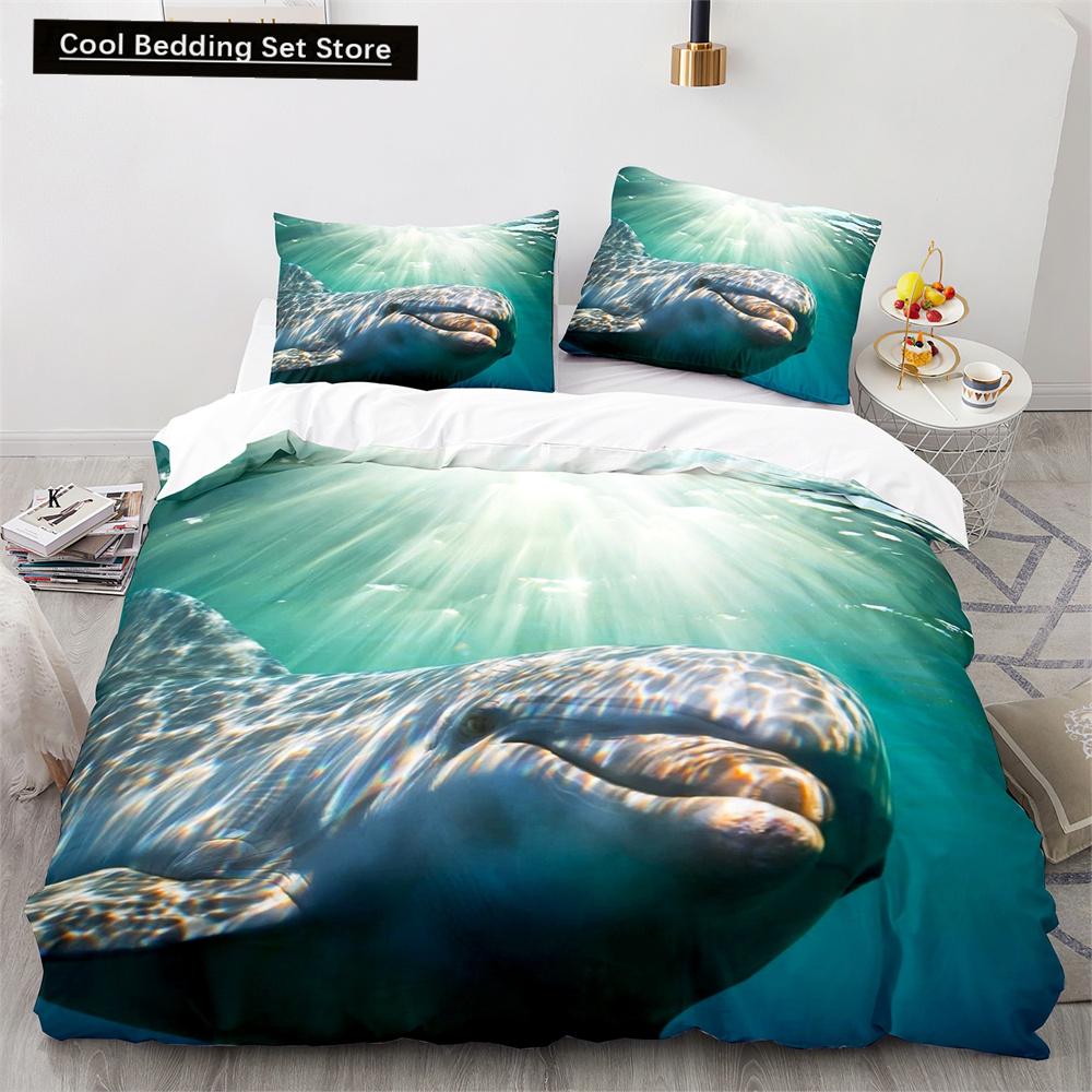 Пододеяльник с дельфином, размер King Queen, прекрасный комплект постельного белья с изображением морской жизни для детей, мальчиков и девочек, милый морской зверь, 2/3 предмета, полиэстеровое одеяло