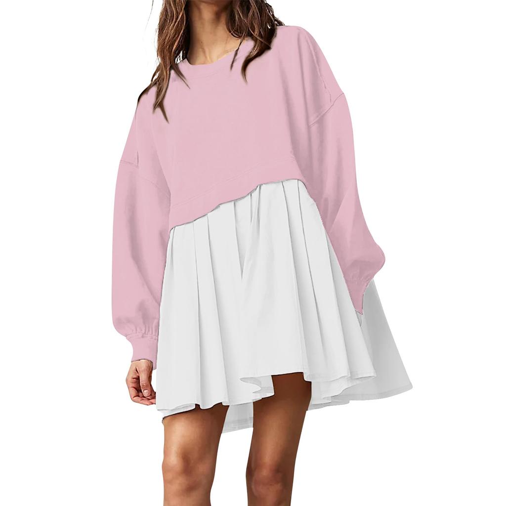 Женское платье-толстовка большого размера с длинным рукавом в стиле пэчворк, пуловер, топы, платье-толстовка