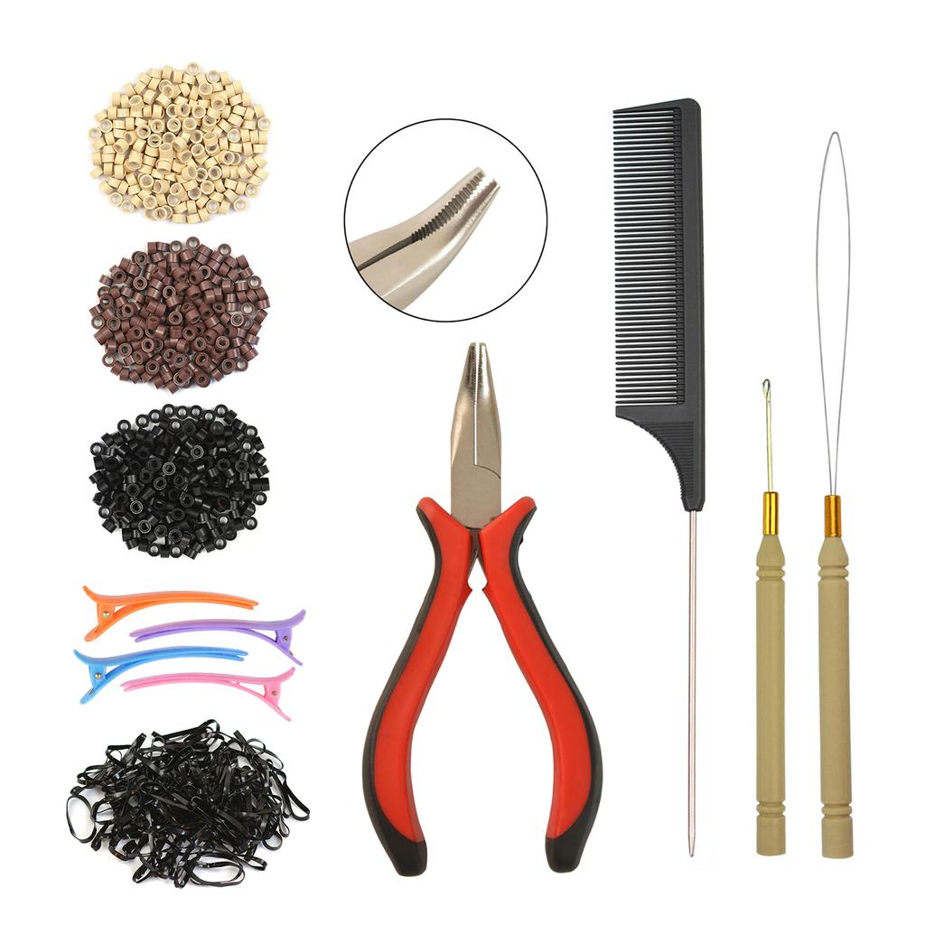 Hair Extensions Tool Set I-tip Hair Pliers 600 Pcs Silicone Micro Rings 4 Pcs Hair Clips 100pcs Rubber Bands 1Pc Hair Comb