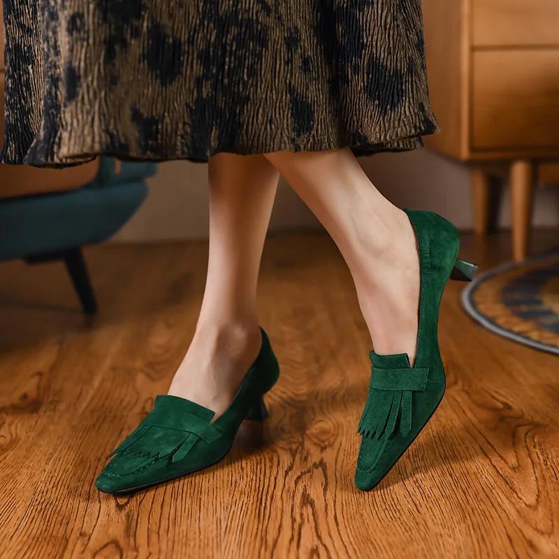 Мода 2025 Весна/Осень Обувь из овчины для женщин Удобные Ретро Женские туфли-лодочки Квадратный носок Каблуки Женская обувь Zapatos De Mujer С кисточками