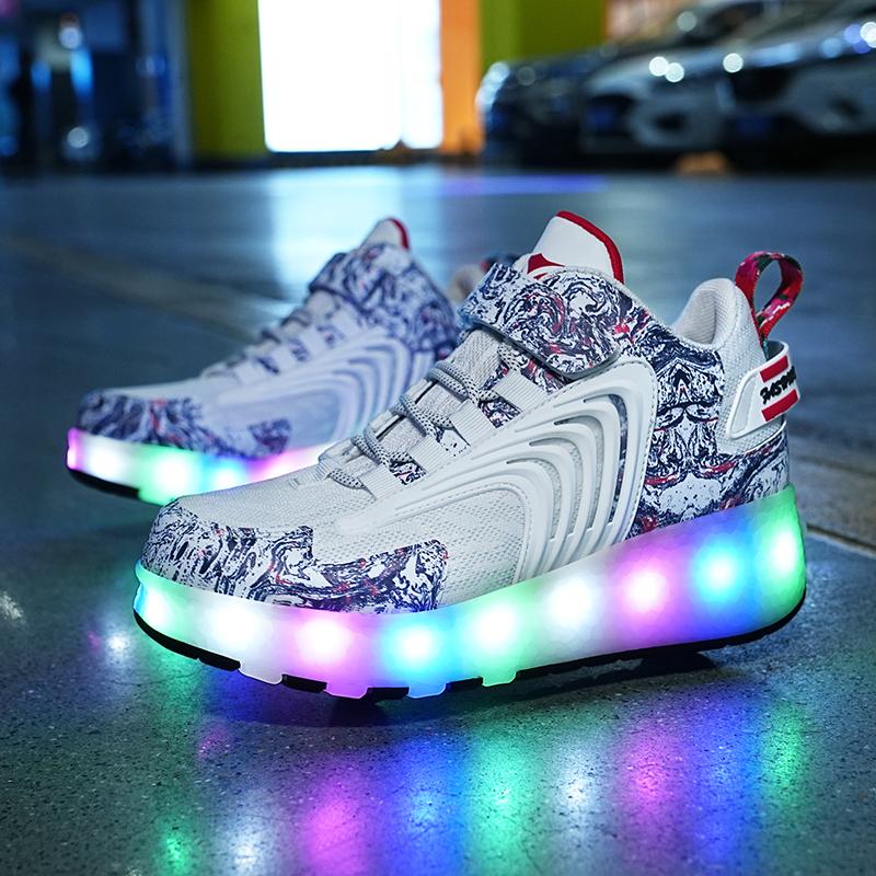 Светящиеся кроссовки со съемными колесами для мальчиков и девочек, могут быть кроссовки с двойными колесами для катания на коньках, детские ботинки для катания на роликах
