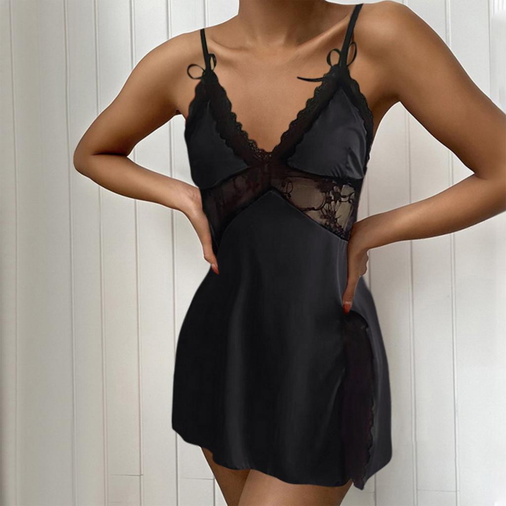 Comfortable Women Sleepshirt Low Cut Polyester Sleep Colthes Lace Sexy Wear Sleeveless Solid Women Night Dress