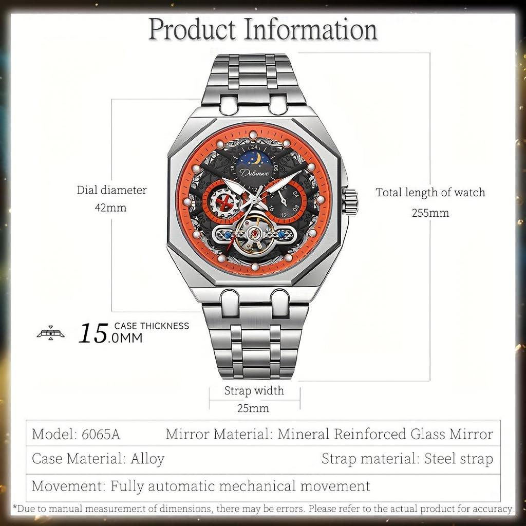 Tourbillon Hollowed Out Strong Luminous Moon Phase Mechanical Watch for Men, Fully Automatic Business Watch, Holiday Gift, Stainless Steel Watch