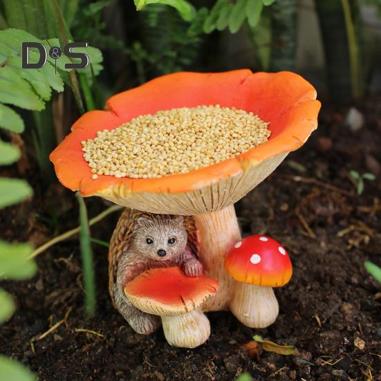 Кормушка для птиц в виде гриба из смолы, статуэтка ежа с чашей в виде гриба, украшение для сада, кормушка для птиц для открытого патио, газона, двора