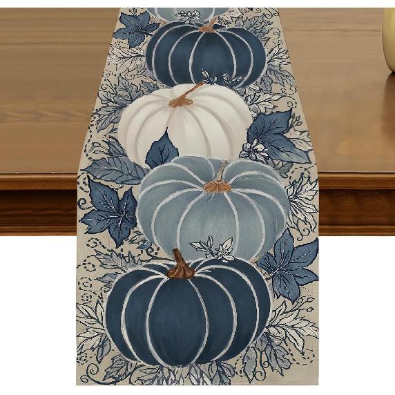 Blue Pumpkin Fall Thanksgiving Table Runner 13x72 Inch Autumn Harvest Seasonal Vintage Maple Leaf Kitchen Dining Table Decor for Indoor Outdoor