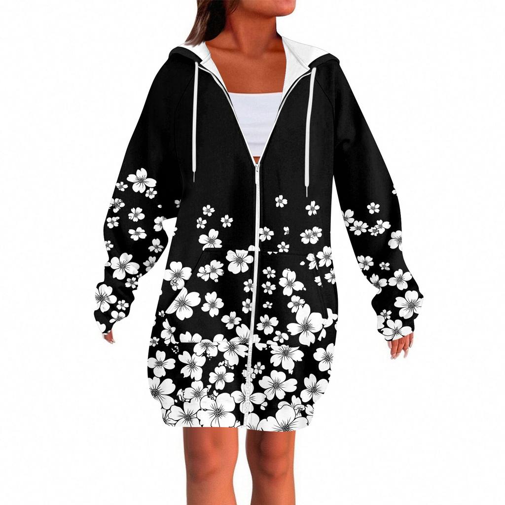 Women's Fashionable Printed Long Sleeved Drawstring Hooded Zipper Pocket Long Casual Sweatshirt Jacket