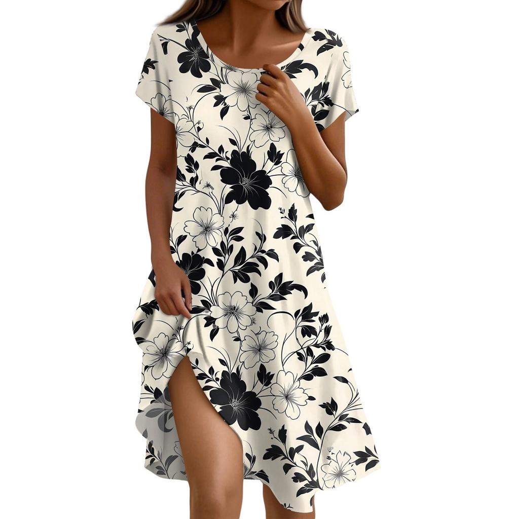 Short Sleeve Boho Dress For Women Casual Loose Fit Sundress Print Round Neck Dress With Pockets