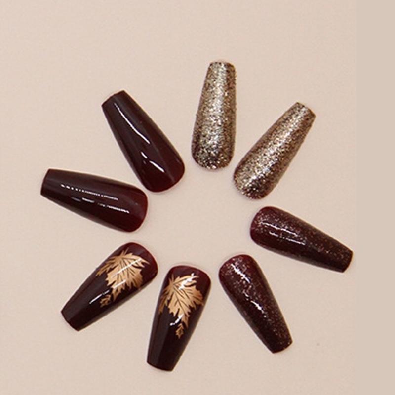 Pack Of 24 Amber Gold Maple Leaf Press On Nail For Autumn Winter ABS Stick On Nail Easy Application