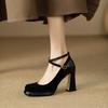Black French Retro High Heels Women's Thick Heels Wedding Shoes Mary Jane 2025 New Cross-strap Square Head Shallow Mouth Single Shoes