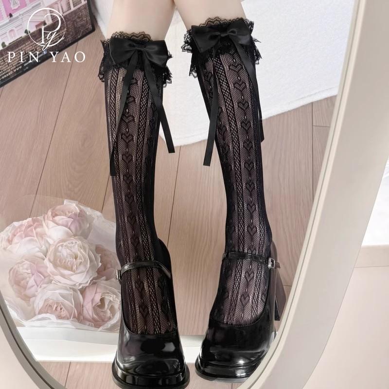 Lace Trimmed Bow Socks With Heart Womens Knee-High Sweet Style Thin Stockings