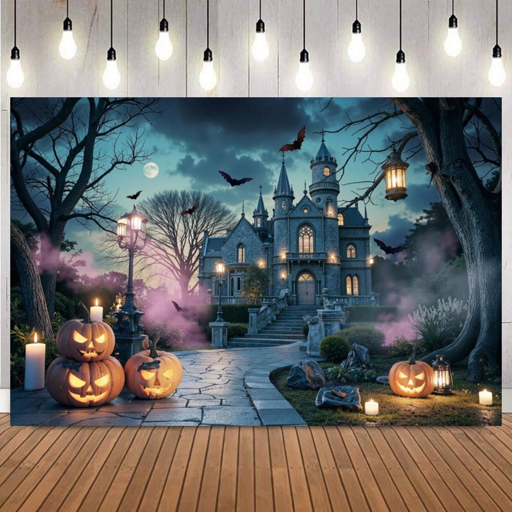 Background Halloween for Photography Night Dark Forest Castle Full Moon Pumpkin Lantern Bat Family Friends Party Photo Backdrops11