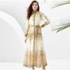 Весна Новый Стиль Женское Ретро Стиль Отпуска Воротник-стойка Рукав Фонарик Длинная Юбка Платье с Принтом Модный Тренд Пляжный Стиль Длинное Платье