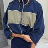 Унисекс Французская Ретро Стойка Воротник Color-Block На Молнии Оверсайз Спортивная Куртка Легкий Полиамид Для Улицы Повседневная Куртка, Синий