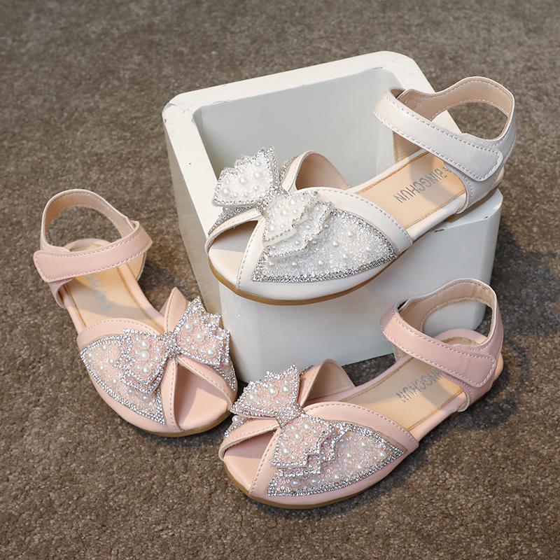 Girls Princess Sandals Peep Toe Kids Toddlers Elegant Rhinestone Sandals Fashion Children Pearls Performance Shoes with Bow-knot