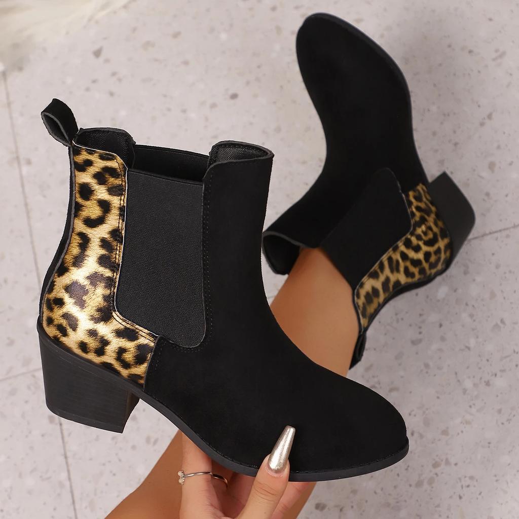 Fashion Leopard Print Chelsea Ankle Boots for Women Faux Suede Patchwork Chunky Heel Booties Woman Plus Size Fashion Short Botas Mujer