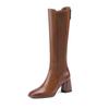 Knee High Boots Women Winter Warm Handmade High Quality Split Cow Leather Zip Brown Black Block High Heels Long Boot Shoes