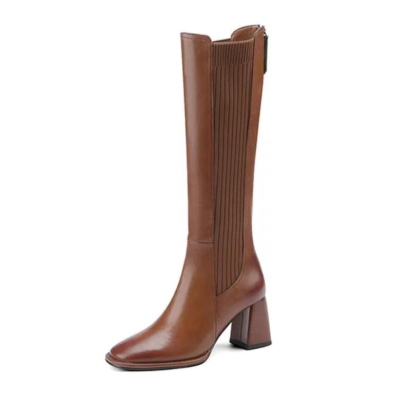 Knee High Boots Women Winter Warm Handmade High Quality Split Cow Leather Zip Brown Black Block High Heels Long Boot Shoes